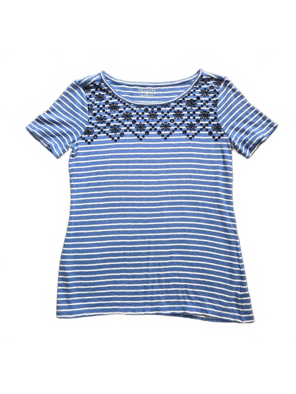 Talbots Women's XS Blue and White Striped Cotton T-Shirt w/Black Floral Embellsh